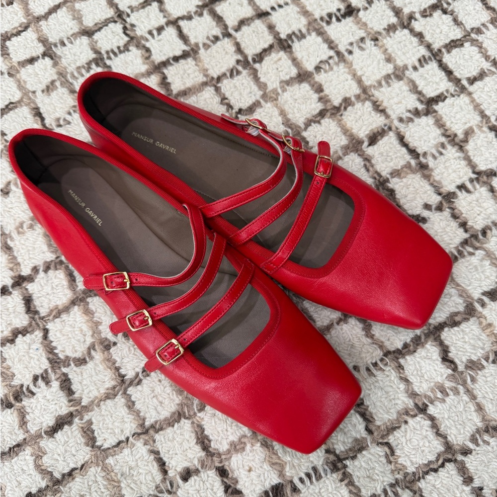 Mansur Gavriel Red Triple Strap Flats